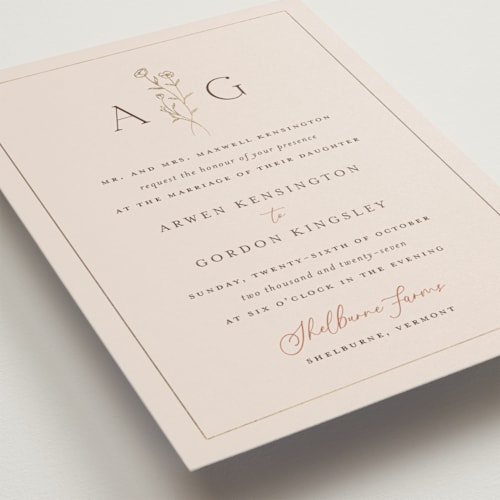 This is a linen foil stamped wedding invitations with foil pressed by chocomocacino called kouignette printing on signature in standard