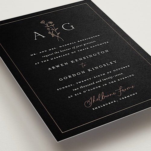 This is a black dahlia foil stamped wedding invitations with foil pressed by chocomocacino called kouignette printing on signature in standard