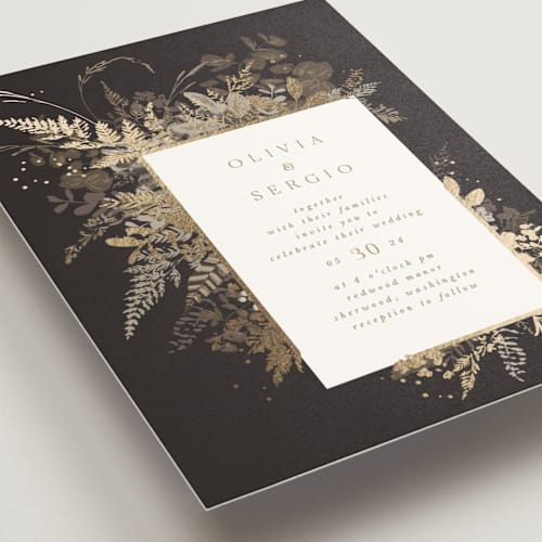 This is a mahogany foil stamped wedding invitations with foil pressed by Leah Bisch called garden printing on signature in standard