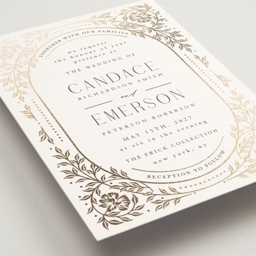 This is a ivory foil stamped wedding invitations with foil pressed by Ana de Sousa called gilded nouveau frame printing on signature in standard