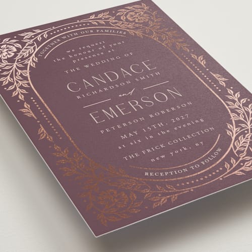 This is a vineyard foil stamped wedding invitations with foil pressed by Ana de Sousa called gilded nouveau frame printing on signature in standard