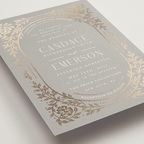 This is a bells foil stamped wedding invitations with foil pressed by Ana de Sousa called gilded nouveau frame printing on signature in standard