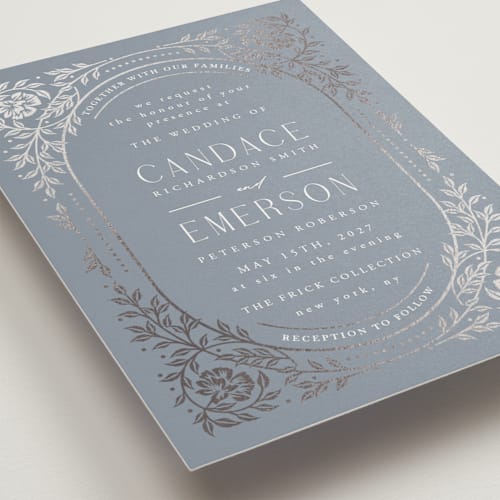This is a lagoon foil stamped wedding invitations with foil pressed by Ana de Sousa called gilded nouveau frame printing on signature in standard