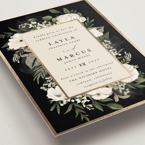 This is a tuxedo foil stamped wedding invitations with foil pressed by Susan Moyal called classic love printing on signature in standard