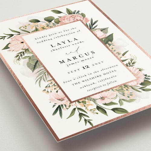 This is a blush foil stamped wedding invitations with foil pressed by Susan Moyal called classic love printing on signature in standard