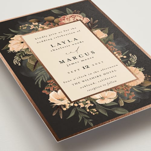 This is a burnt sienna foil stamped wedding invitations with foil pressed by Susan Moyal called classic love printing on signature in standard