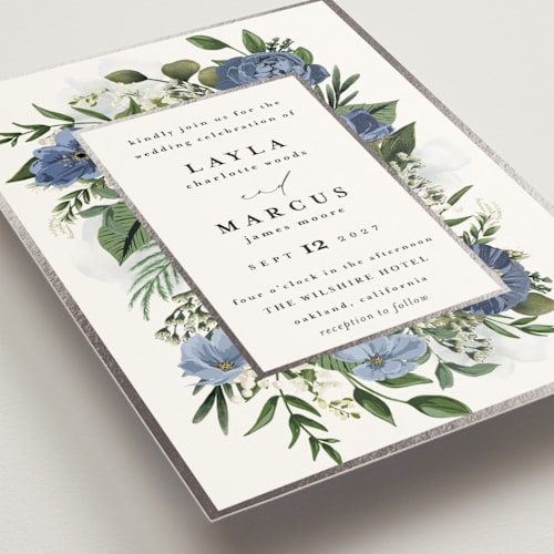 This is a sky foil stamped wedding invitations with foil pressed by Susan Moyal called classic love printing on signature in standard