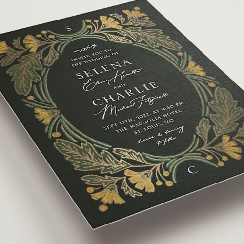 This is a buttercup foil stamped wedding invitations with foil pressed by Jen Owens called embellished printing on signature in standard