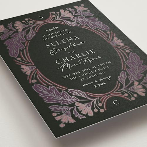 This is a orchid foil stamped wedding invitations with foil pressed by Jen Owens called embellished printing on signature in standard