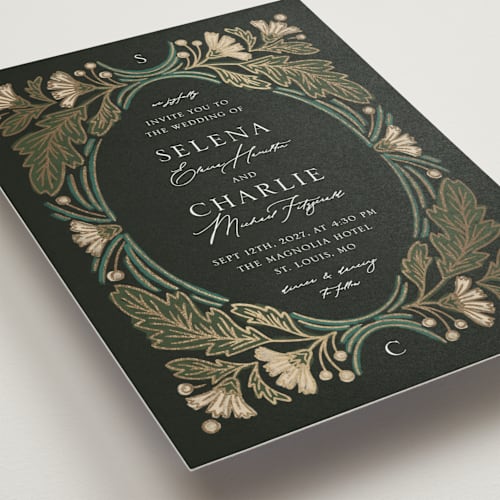 This is a lily foil stamped wedding invitations with foil pressed by Jen Owens called embellished printing on signature in standard