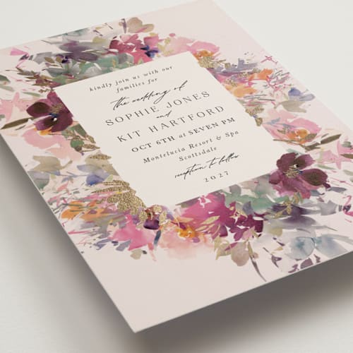 This is a blush foil stamped wedding invitations with foil pressed by Lori Wemple called fleur printing on signature in standard