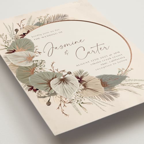This is a dusk foil stamped wedding invitations with foil pressed by Susan Moyal called jasmine printing on signature in standard
