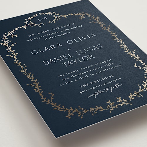This is a marine foil stamped wedding invitations with foil pressed by Susan Moyal called delicate vine printing on signature in standard