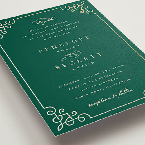 This is a emerald foil stamped wedding invitations with foil pressed by Janean Hinger called intertwined printing on signature in standard