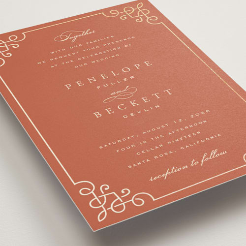 This is a sunset foil stamped wedding invitations with foil pressed by Janean Hinger called intertwined printing on signature in standard