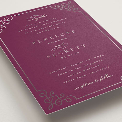 This is a mulberry foil stamped wedding invitations with foil pressed by Janean Hinger called intertwined printing on signature in standard