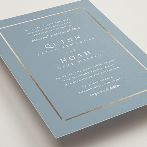 This is a dusty blue foil stamped wedding invitations with foil pressed by Stacey Meacham called elegant bevel printing on signature in standard