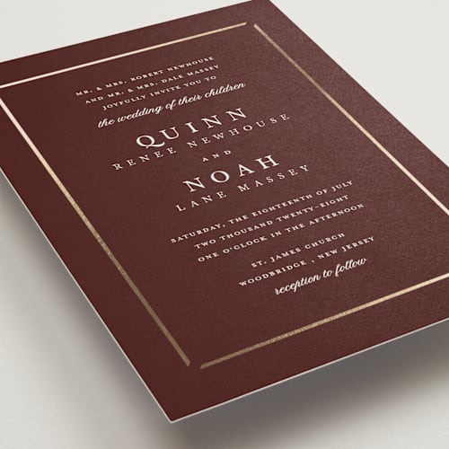 This is a wine foil stamped wedding invitations with foil pressed by Stacey Meacham called elegant bevel printing on signature in standard