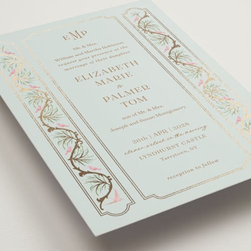 This is a hummingbird foil stamped wedding invitations with foil pressed by Claudia Orengo called castle printing on signature in standard