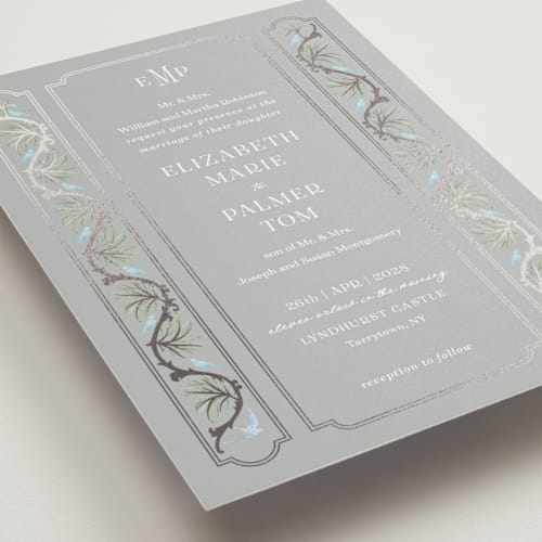This is a wood pecker foil stamped wedding invitations with foil pressed by Claudia Orengo called castle printing on signature in standard