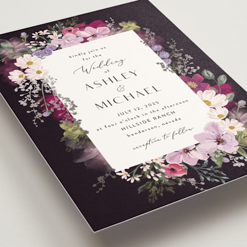 This is a lavender foil stamped wedding invitations with foil pressed by Susan Moyal called layered florals printing on signature in standard