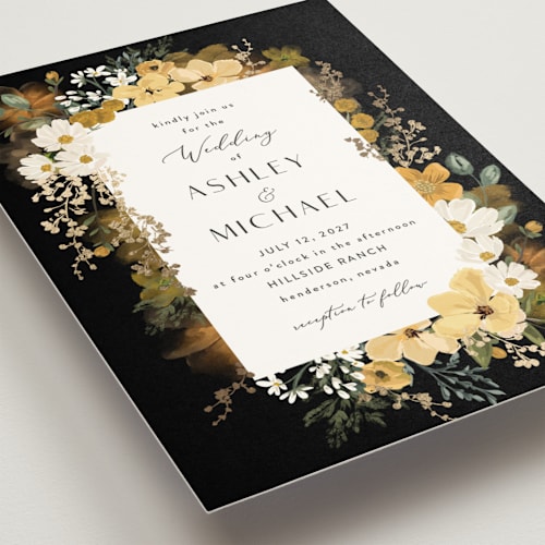 This is a sunshine foil stamped wedding invitations with foil pressed by Susan Moyal called layered florals printing on signature in standard