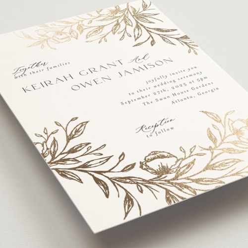 This is a pearl foil stamped wedding invitations with foil pressed by Melanie Kosuge called keirah printing on signature in standard