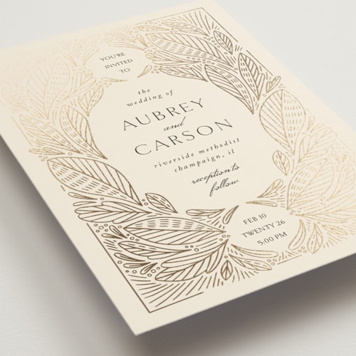 This is a cream foil stamped wedding invitations with foil pressed by Jen Owens called royalty printing on signature in standard