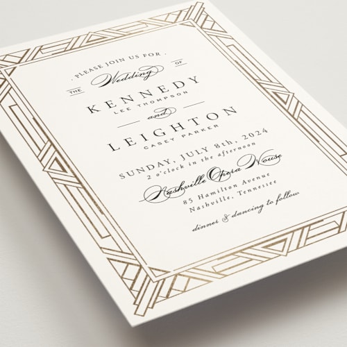 This is a stone foil stamped wedding invitations with foil pressed by Hooray Creative called opulent border printing on signature in standard