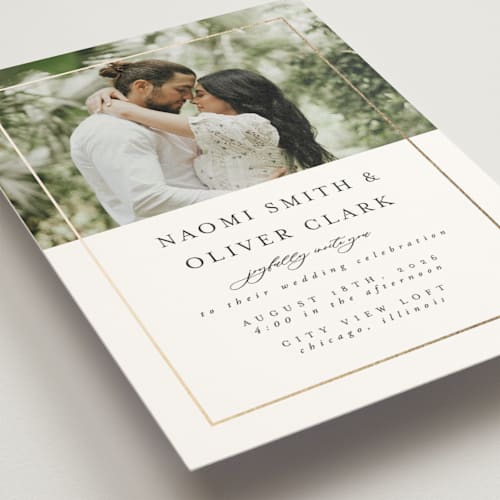 This is a pearl foil stamped wedding invitations with foil pressed by Nicole Walsh called gilded frame printing on signature in standard