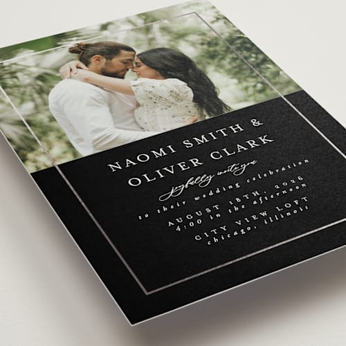 This is a midnight foil stamped wedding invitations with foil pressed by Nicole Walsh called gilded frame printing on signature in standard