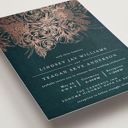 This is a emerald foil stamped wedding invitations with foil pressed by Phrosné Barwood called sketched bouquet printing on signature in standard