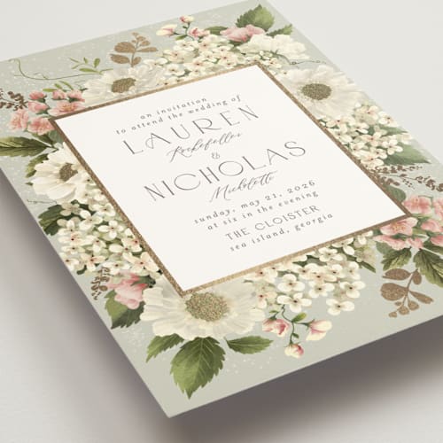 This is a moss foil stamped wedding invitations with foil pressed by Chris Griffith called floral tribute printing on signature in standard