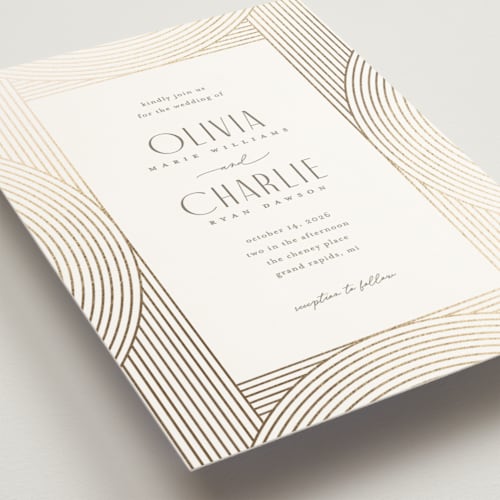 This is a alabaster foil stamped wedding invitations with foil pressed by Pixel and Hank called moderne printing on signature in standard