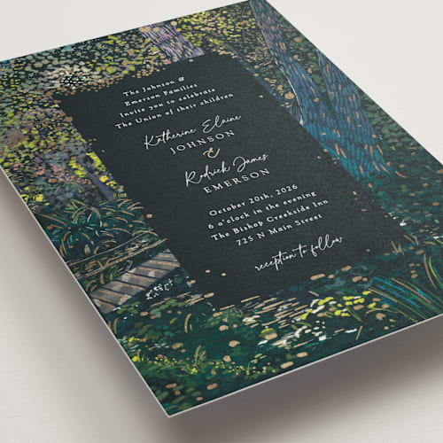 This is a emerald foil stamped wedding invitations with foil pressed by Becky Nimoy called by the creek printing on signature in standard