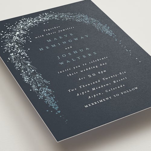 This is a frost foil stamped wedding invitations with foil pressed by Leah Bisch called winter garland printing on signature in standard