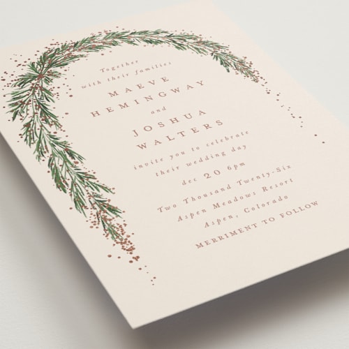 This is a latte foil stamped wedding invitations with foil pressed by Leah Bisch called winter garland printing on signature in standard
