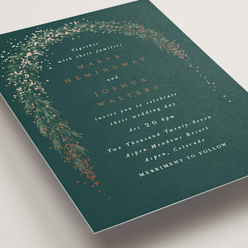 This is a pine foil stamped wedding invitations with foil pressed by Leah Bisch called winter garland printing on signature in standard