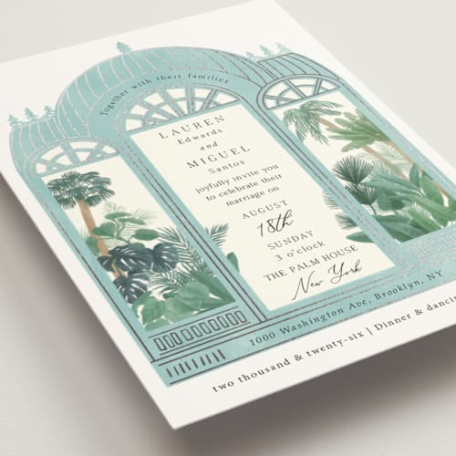 This is a ocean foil stamped wedding invitations with foil pressed by Elly called the greenhouse printing on signature in standard