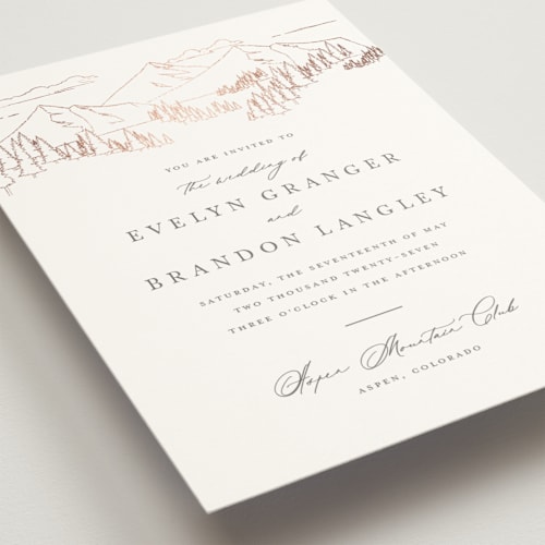 This is a graphite foil stamped wedding invitations with foil pressed by Sarah Brown called peaks printing on signature in standard