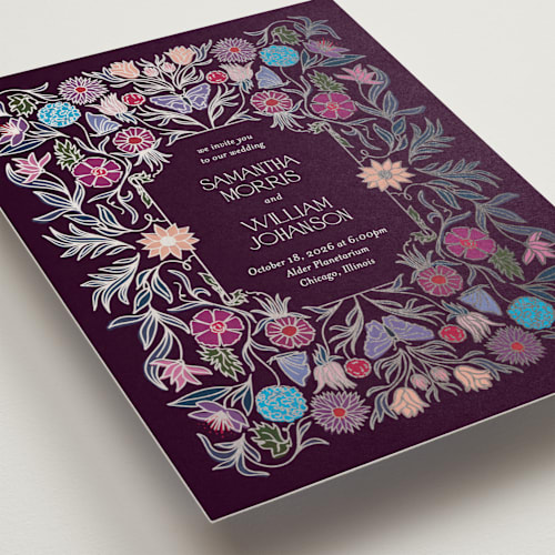 This is a plum garden foil stamped wedding invitations with foil pressed by Simona Camp called gilded tapestry printing on signature in standard