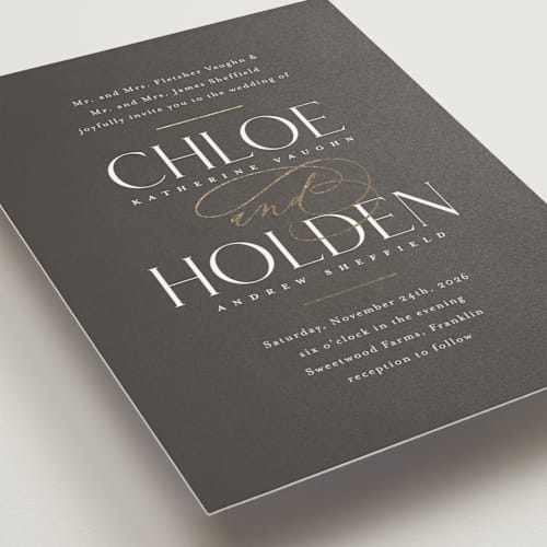 This is a charcoal foil stamped wedding invitations with foil pressed by Jessica Williams called idyllic printing on signature in standard
