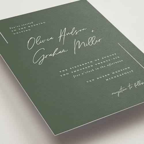 This is a moss foil stamped wedding invitations with foil pressed by Michelle Taylor called simple lines printing on signature in standard