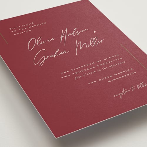 This is a cranberry foil stamped wedding invitations with foil pressed by Michelle Taylor called simple lines printing on signature in standard