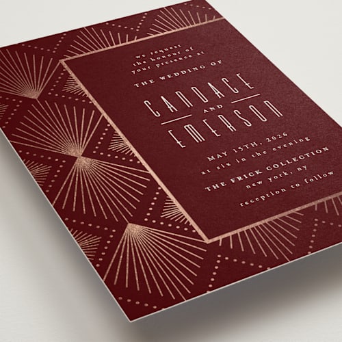 This is a ruby foil stamped wedding invitations with foil pressed by Ana de Sousa called deco pattern printing on signature in standard
