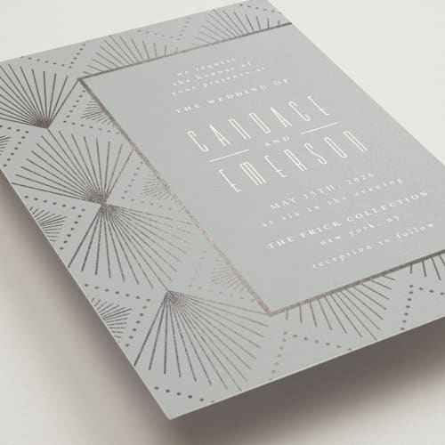 This is a slate foil stamped wedding invitations with foil pressed by Ana de Sousa called deco pattern printing on signature in standard