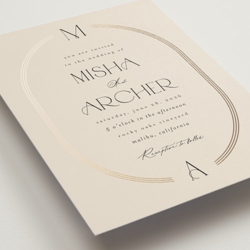 This is a latte foil stamped wedding invitations with foil pressed by Kristie Kern called misha printing on signature in standard