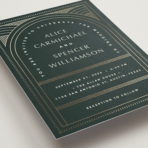 This is a fir foil stamped wedding invitations with foil pressed by Kindred Fields called deco arch printing on signature in standard