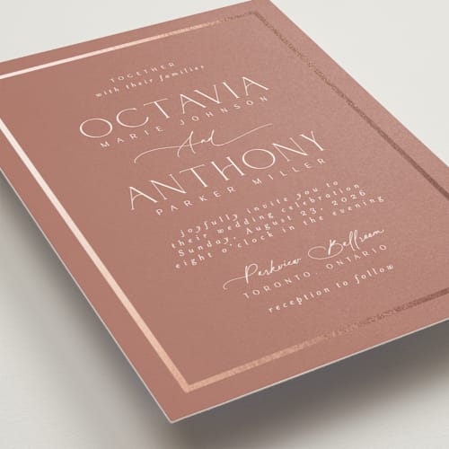 This is a rosewood foil stamped wedding invitations with foil pressed by Nicole Walsh called regal printing on signature in standard