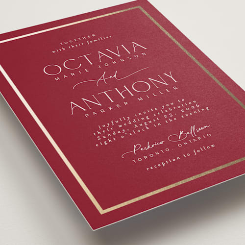 This is a ruby foil stamped wedding invitations with foil pressed by Nicole Walsh called regal printing on signature in standard